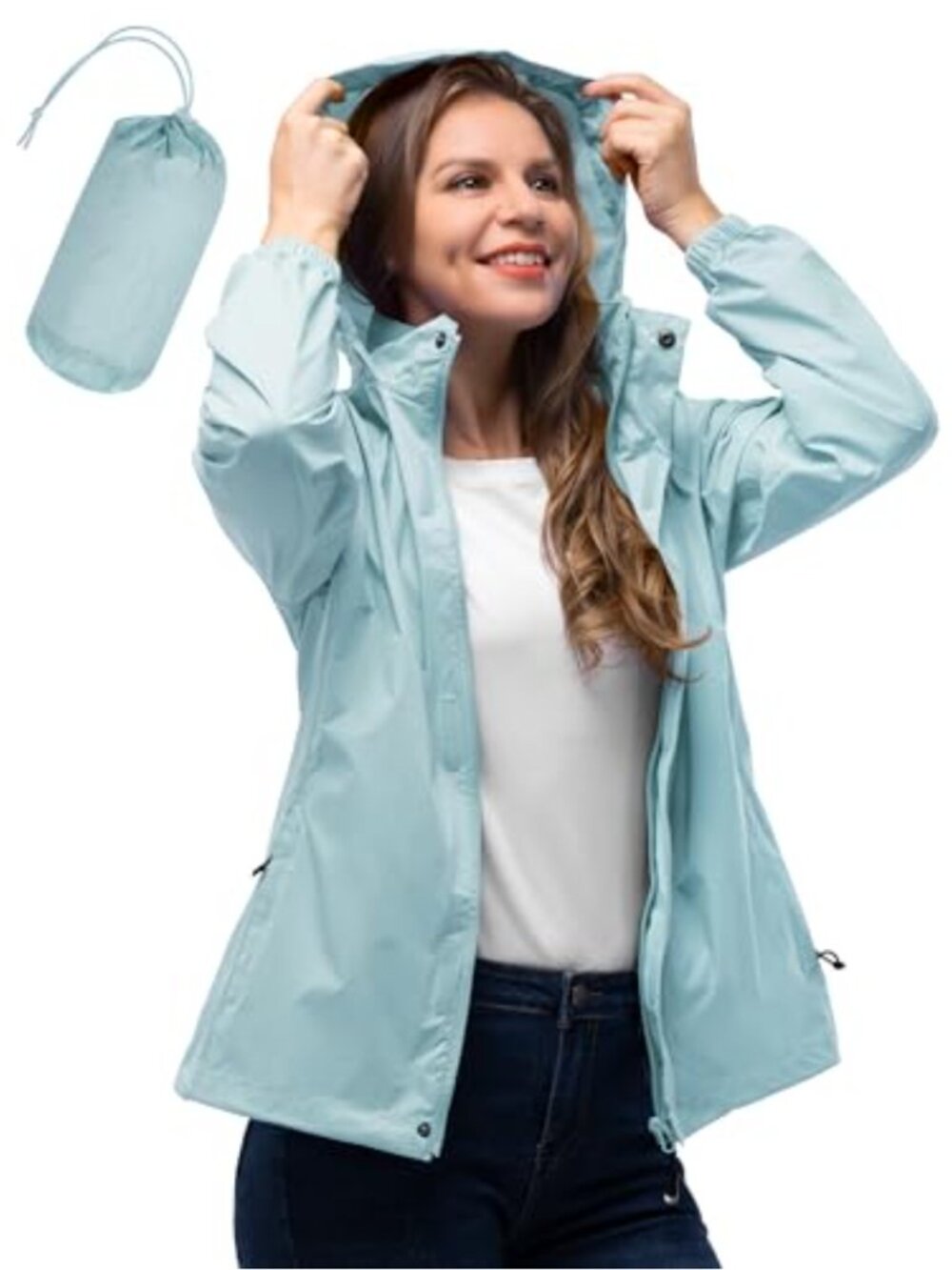 Women's Packable Rain Jacket Waterproof Lightweight Hooded Windbreaker